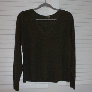 Olive/Gray Waffle Style V-Neck Crossed Sweater